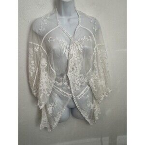 White Lace Kimono SHEIN Coquette Fairy OS Open Front Floral Boho Sheer Cardigan